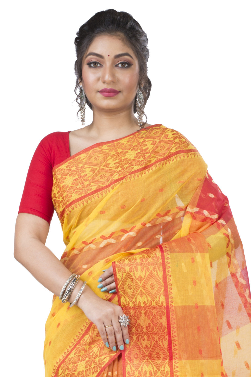 Yellow Red Pure Cotton SonaJhuri Desiging Tant Saree (112)